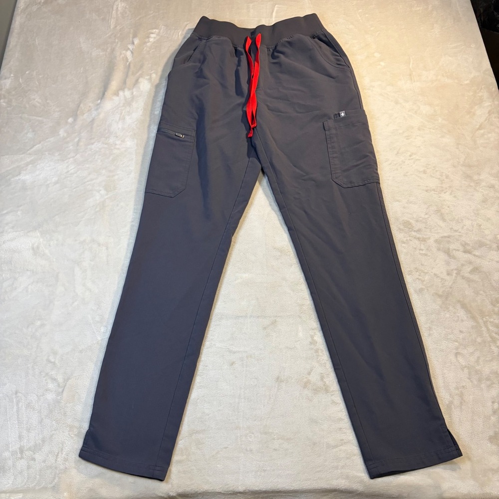 FIGS Yola Skinny Cargo Scrub Pants Charcoal Grey Red Drawstring Small Tall S/T